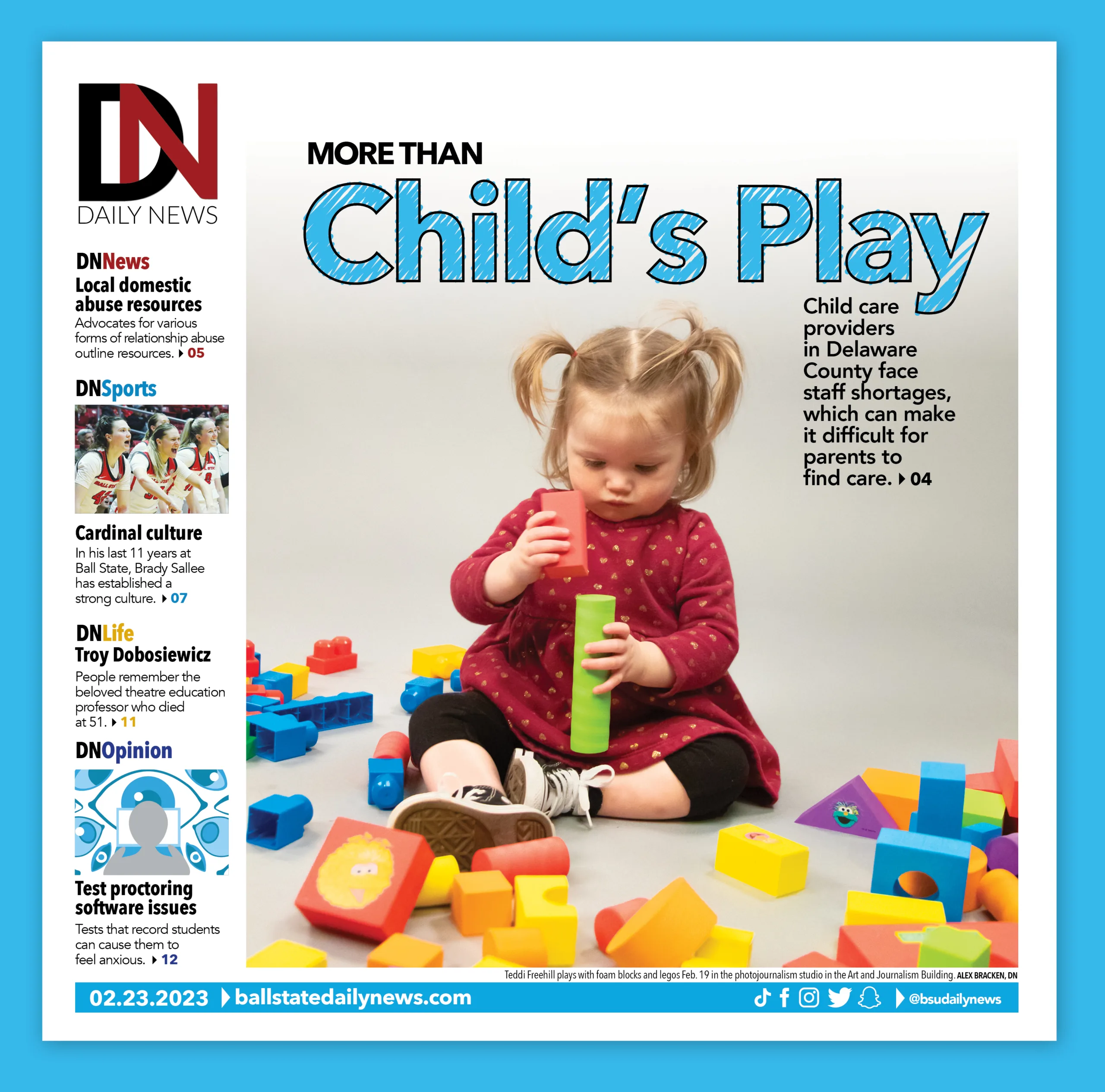 A screenshot of the cover of a newspaper with a photo of a child playing with foam blocks. The text "More than Child's Play" is in a bold font above the picture.