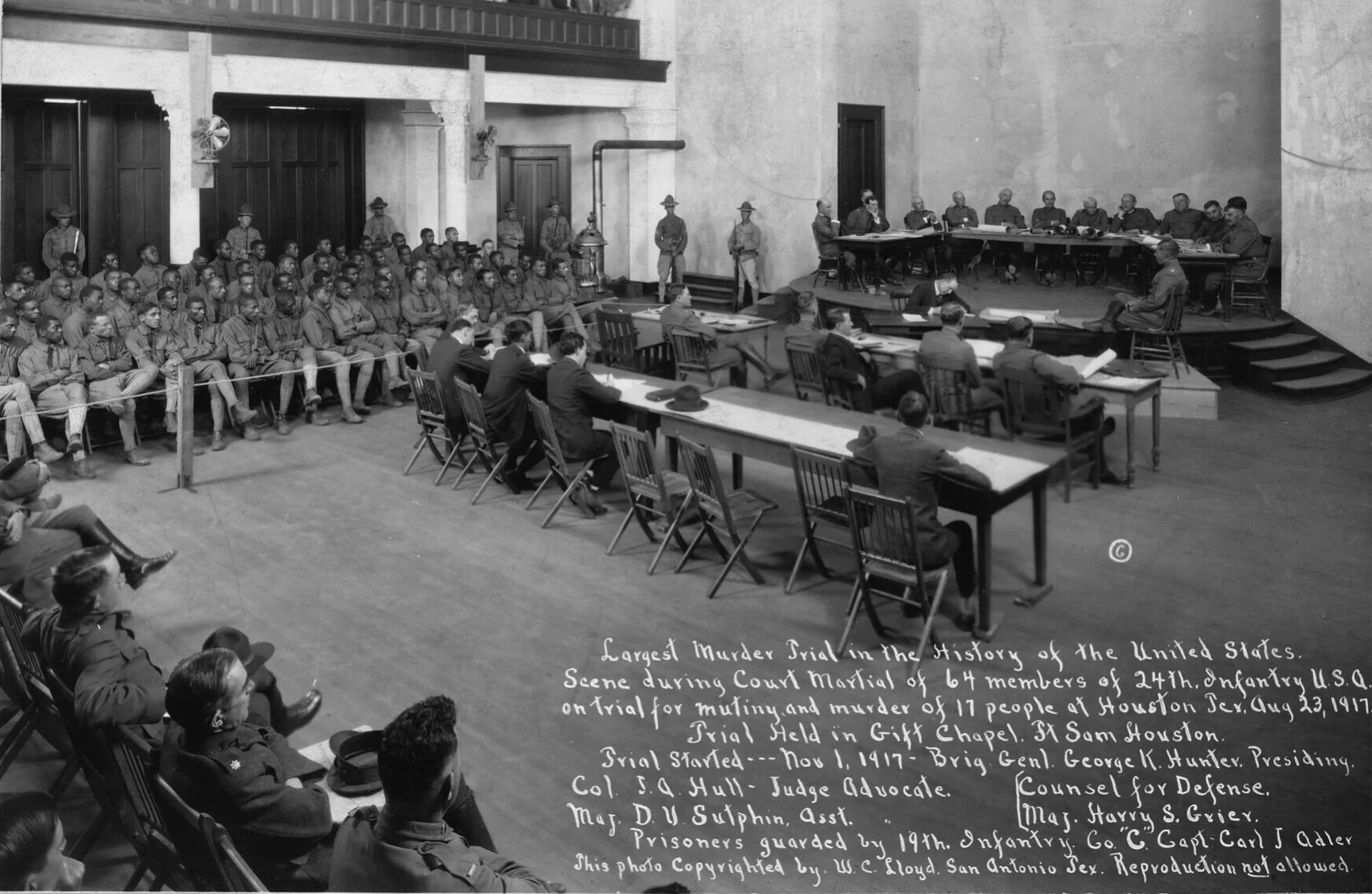 A historic black and white image of a court martial